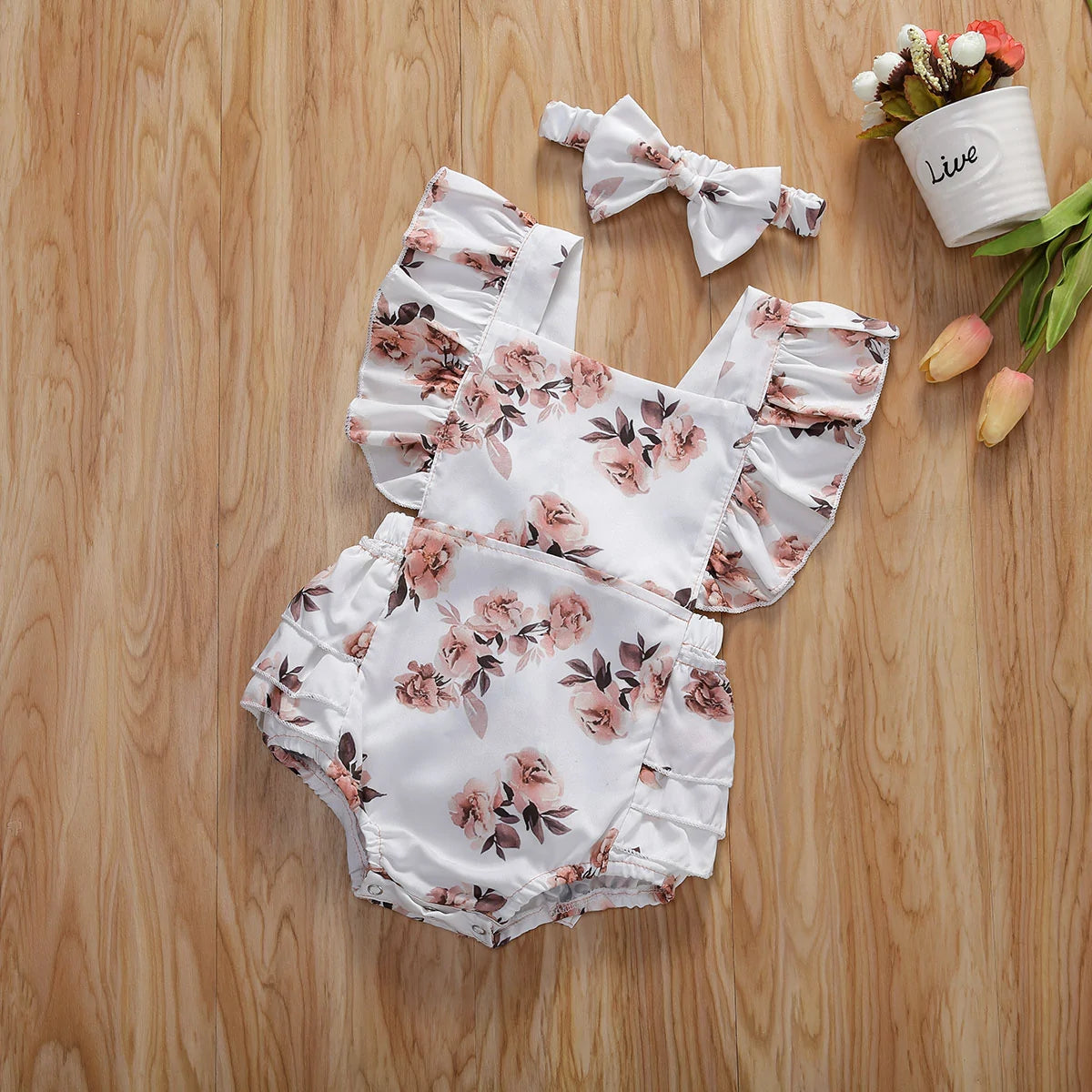 Baby Floral Romper Sleeveless Ruffled Jumpsuits With Headband